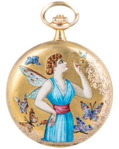 L Aiglon. An Enamel Yellow Gold Keyless Lever Full Hunter Pocket Watch C1900s